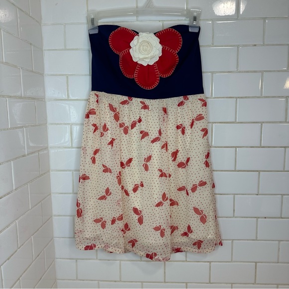 🍓Judith March Mini Dress Sweetheart strapless 3-D flower Blue Red Cream Medium - Picture 11 of 11